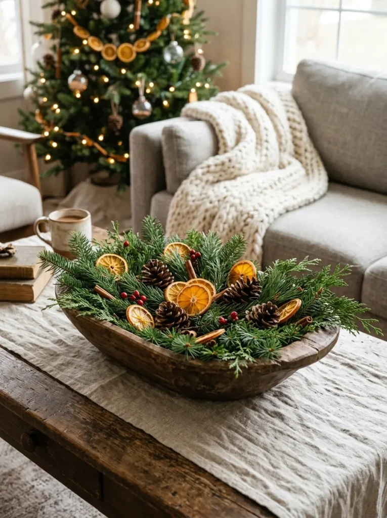 Rustic coffee table centerpiece with evergreen branches, pinecones, dried oranges, and natural holiday decor.