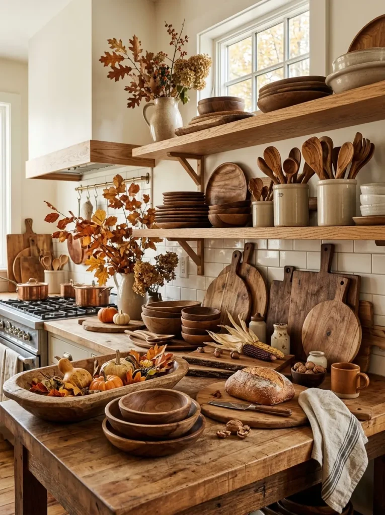 Wooden bowls, trays, and utensils adding warmth to a fall kitchen.