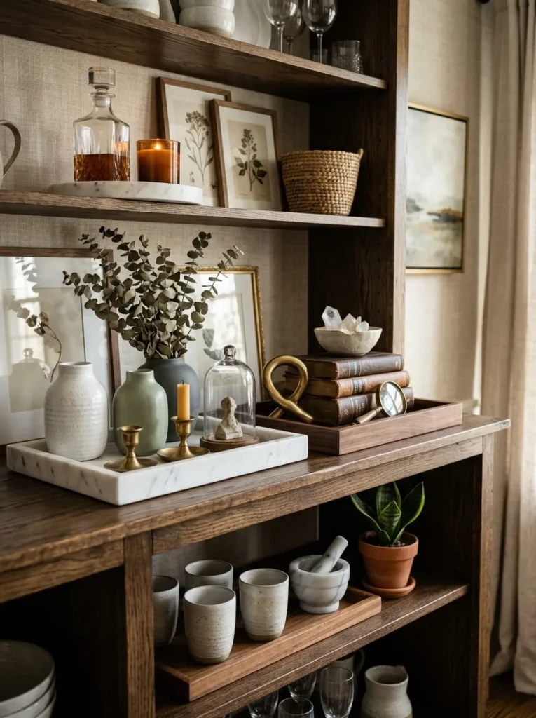 Decorative objects grouped neatly on trays for organized styling