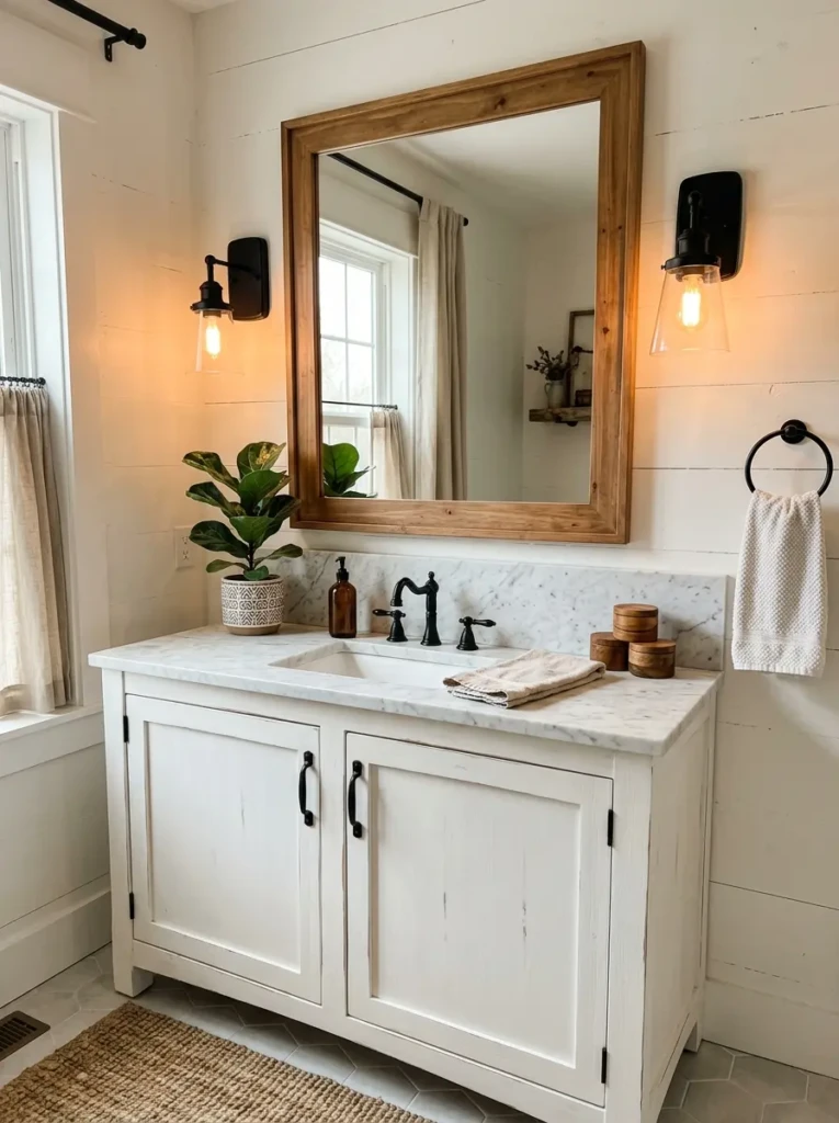 Wooden framed mirror paired with black wall sconces in an elegant farmhouse bathroom.