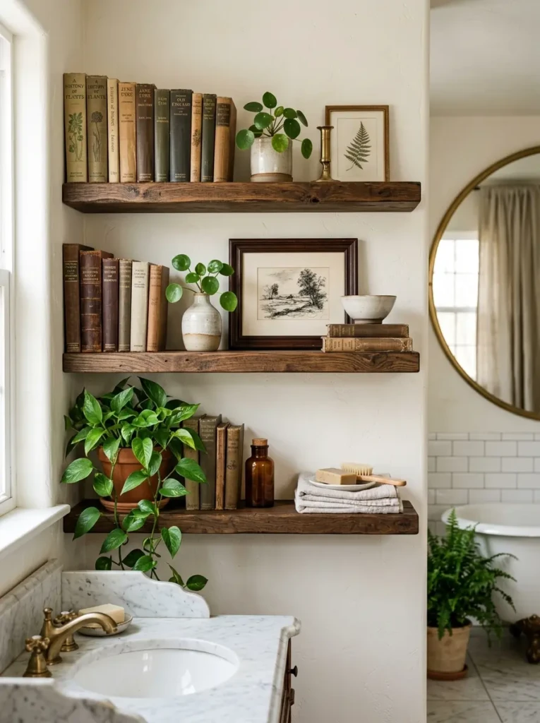 Wooden bathroom shelves displaying books, plants, ceramics, and framed artwork.