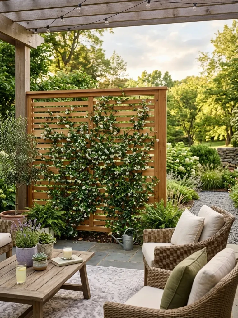 Wooden privacy screen with climbing plants creating a secluded patio space.