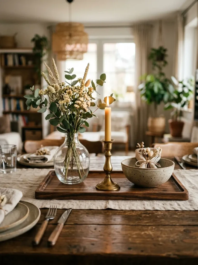 Decorative tray, glass vase, brass candle holder, and stoneware bowl arranged elegantly.