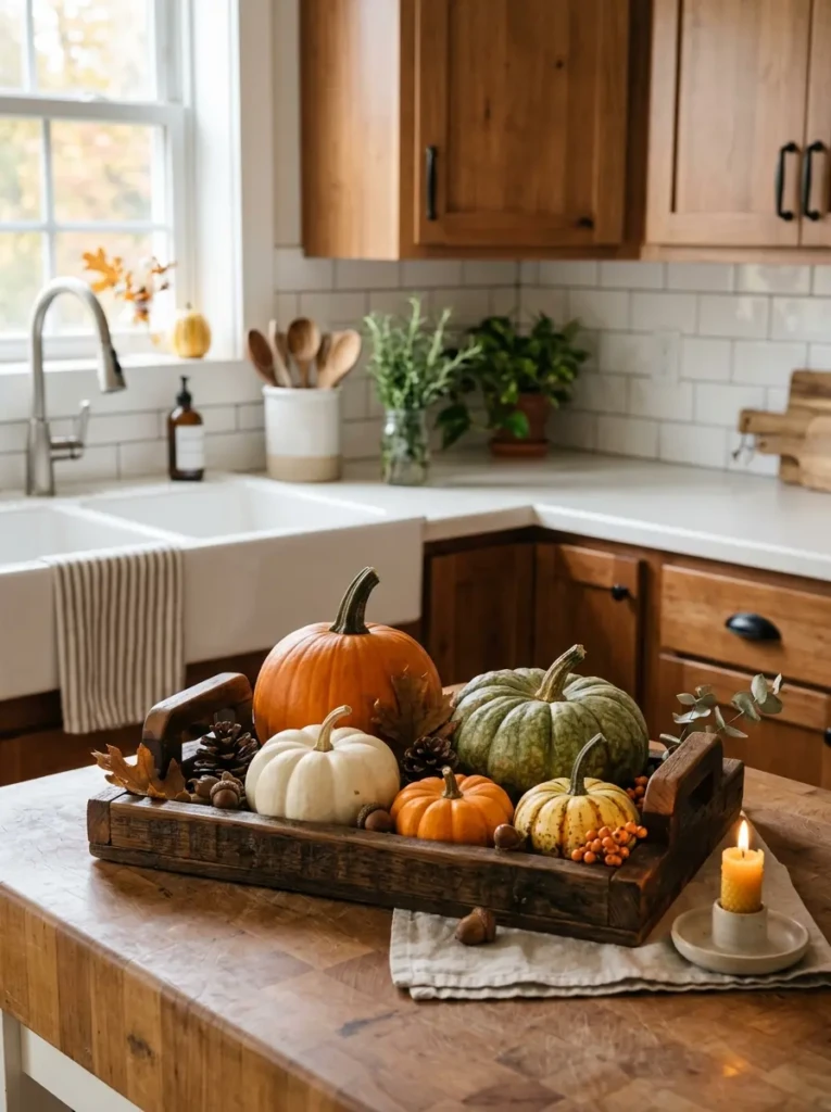 Wooden tray filled with mixed pumpkins creating a sophisticated fall display.