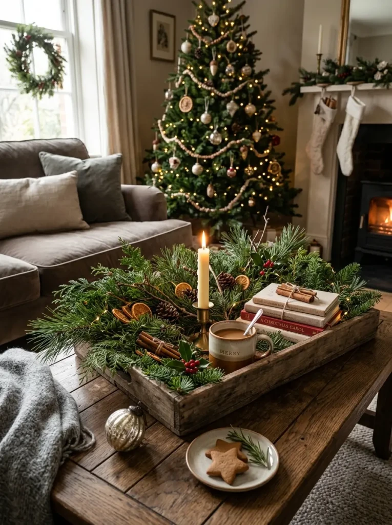 Wooden tray filled with pine, cedar, and fir greenery styled beautifully on a Christmas coffee table