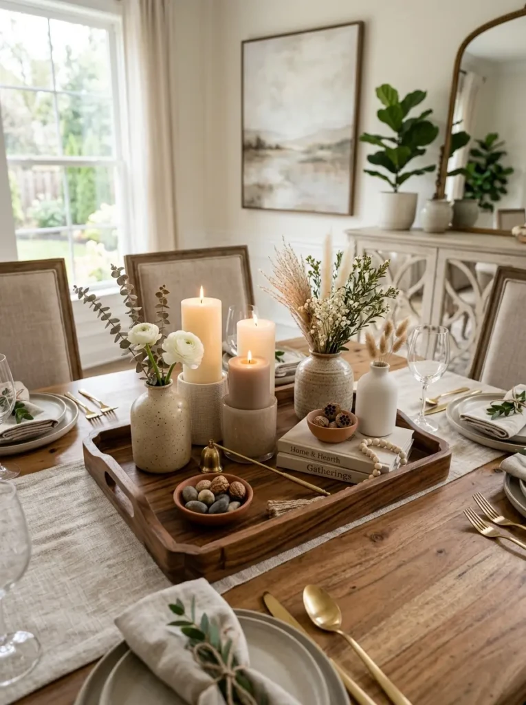 Wooden decorative tray holding candles and decorative accessories on a beautifully styled dining table.