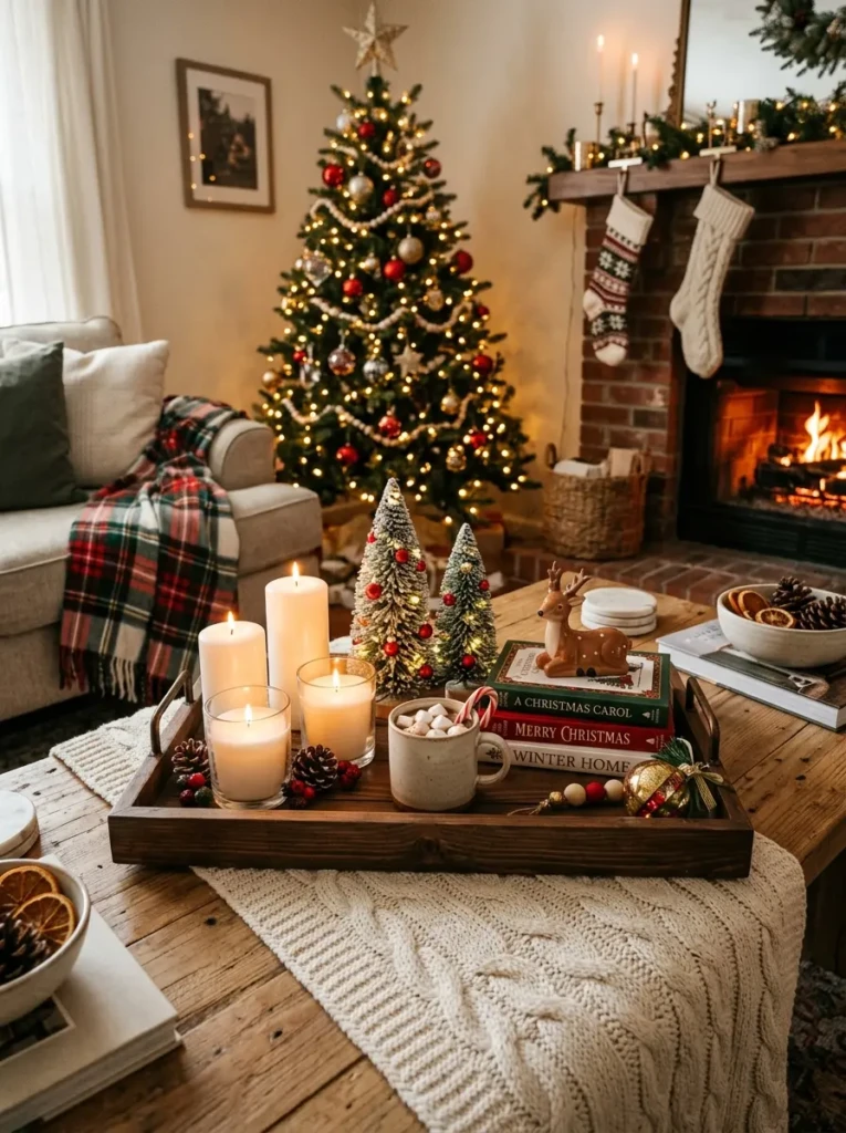 Decorative tray featuring candles, ornaments, books, and mini Christmas trees