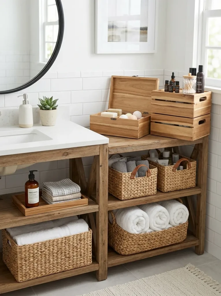 Woven baskets and wooden storage boxes arranged in a modern bathroom