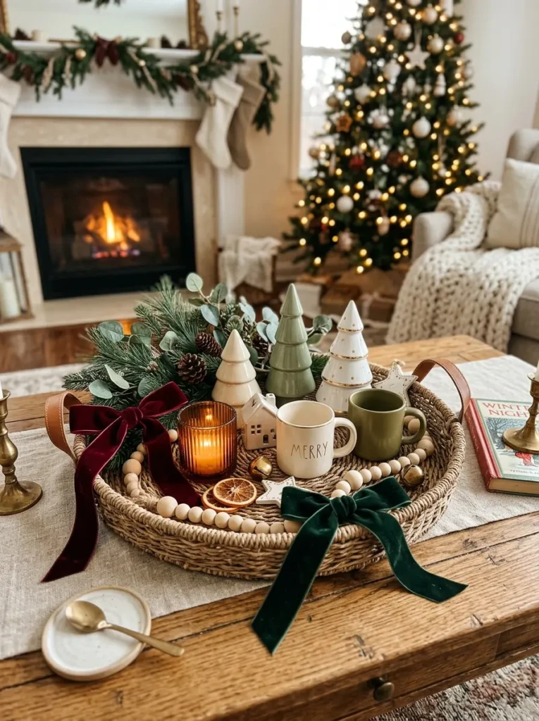 Velvet ribbons, woven tray, and decorative holiday accents arranged on a cozy coffee table