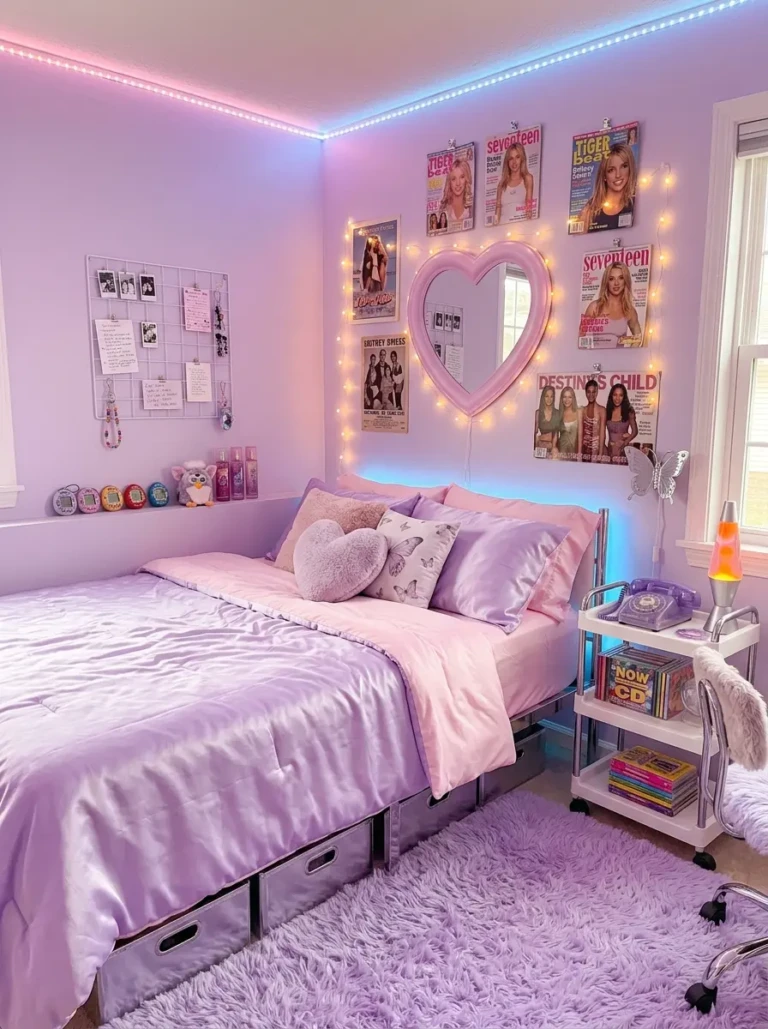 Cozy Y2K bedroom with pastel colors, LED lighting, fluffy textures, chrome accents, and nostalgic early 2000s decor.