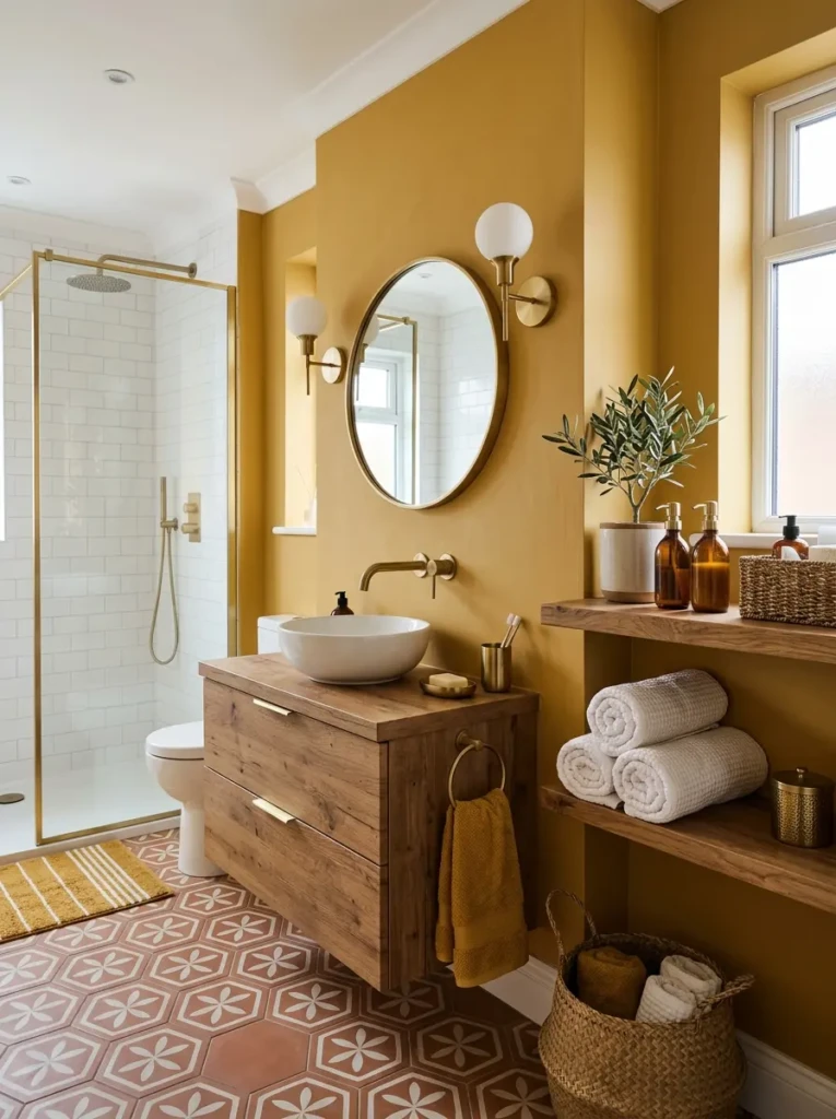 Yellow towels, wood shelves, and brass fixtures in a modern bathroom