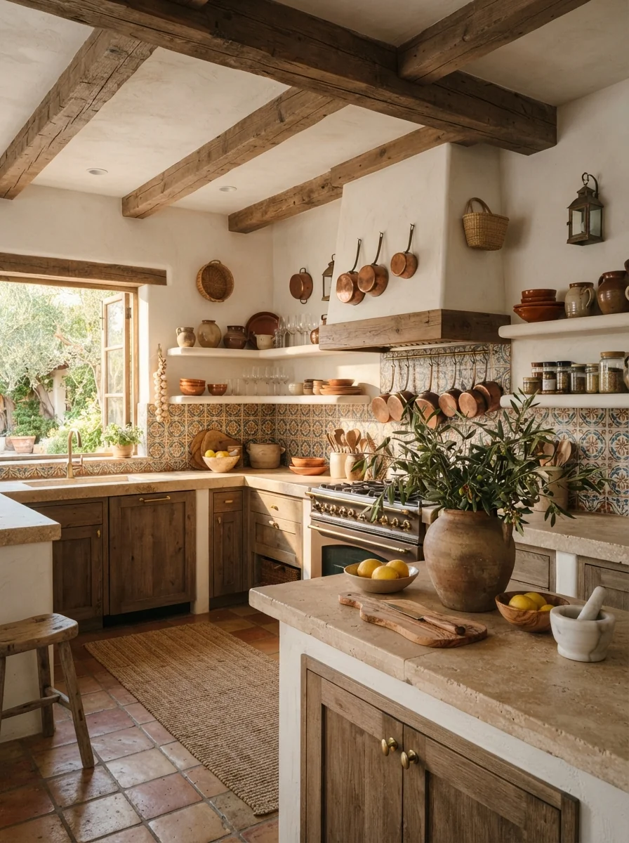 7. Beamed Ceiling With Modern Mediterranean Style