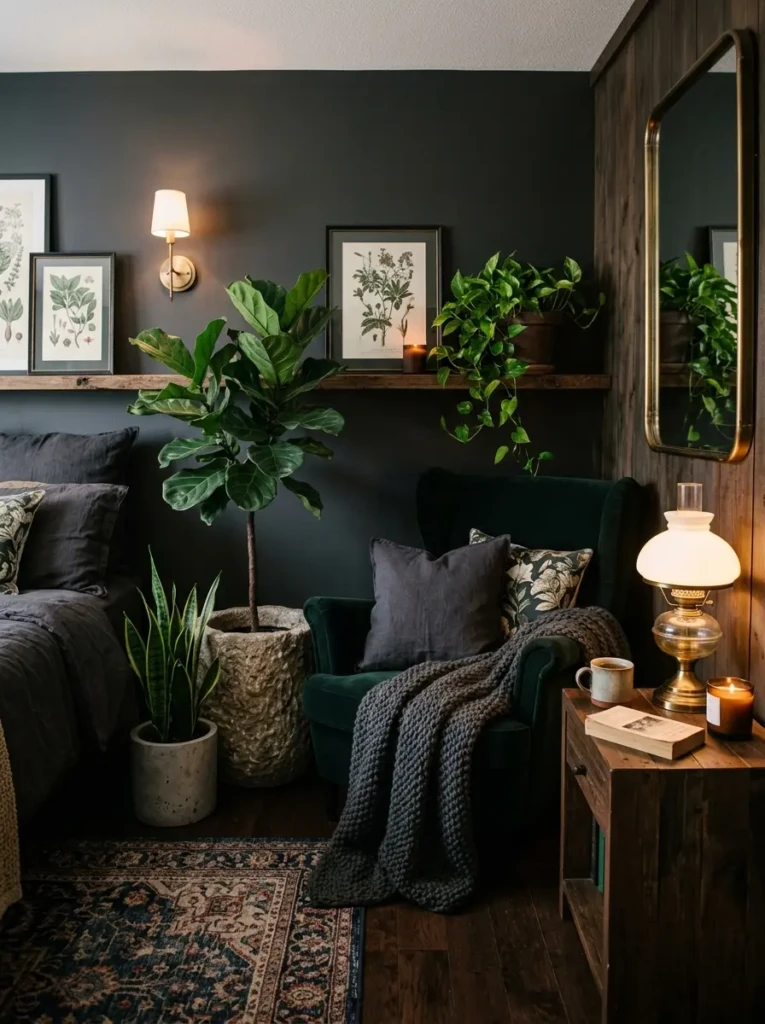 Stylish bedroom corner featuring indoor plants and warm wood furniture.