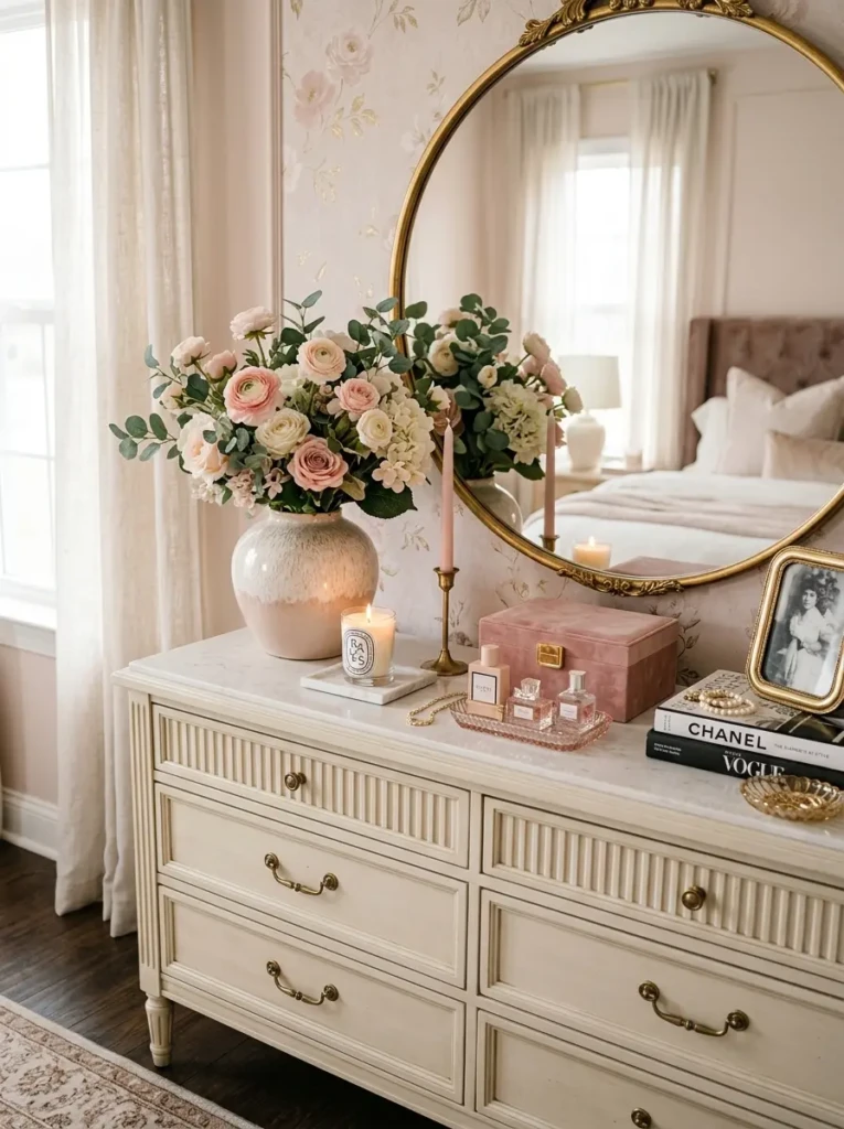 Faux flowers and elegant accessories decorating a feminine bedroom dresser.