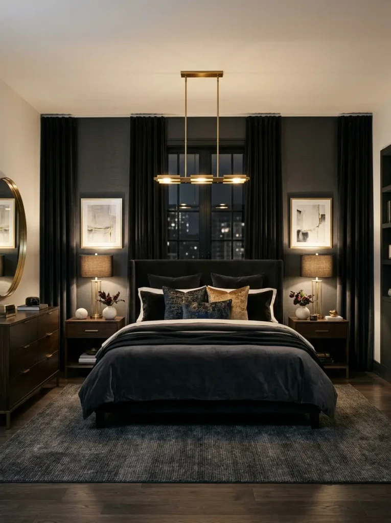 Balanced bedroom layout with matching nightstands and cozy lighting.