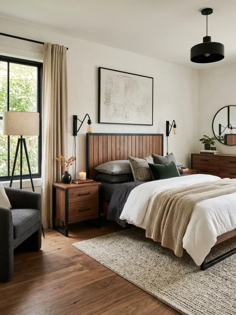 Bedroom combining walnut wood furniture with matte black accents.