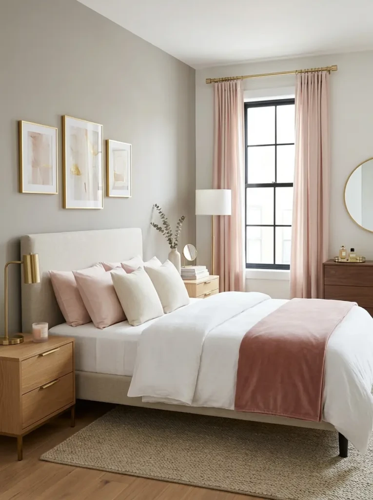 Gold bedroom accessories paired with blush pink decor for a luxury look.