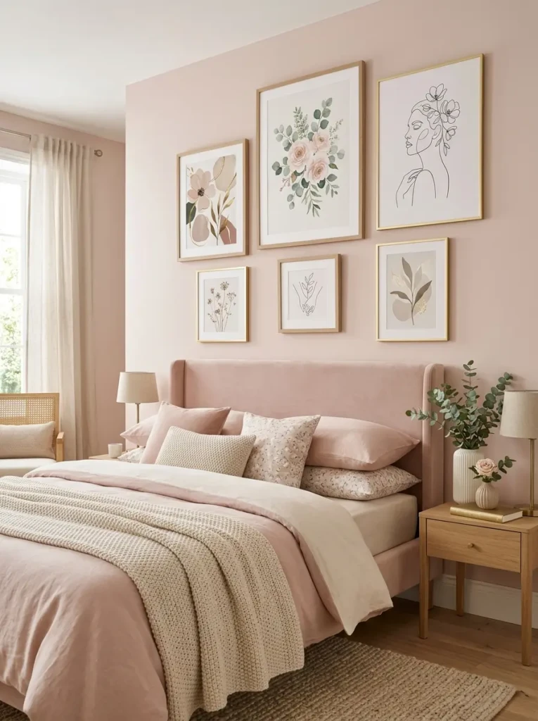 Feminine bedroom wall decorated with botanical prints and modern artwork.