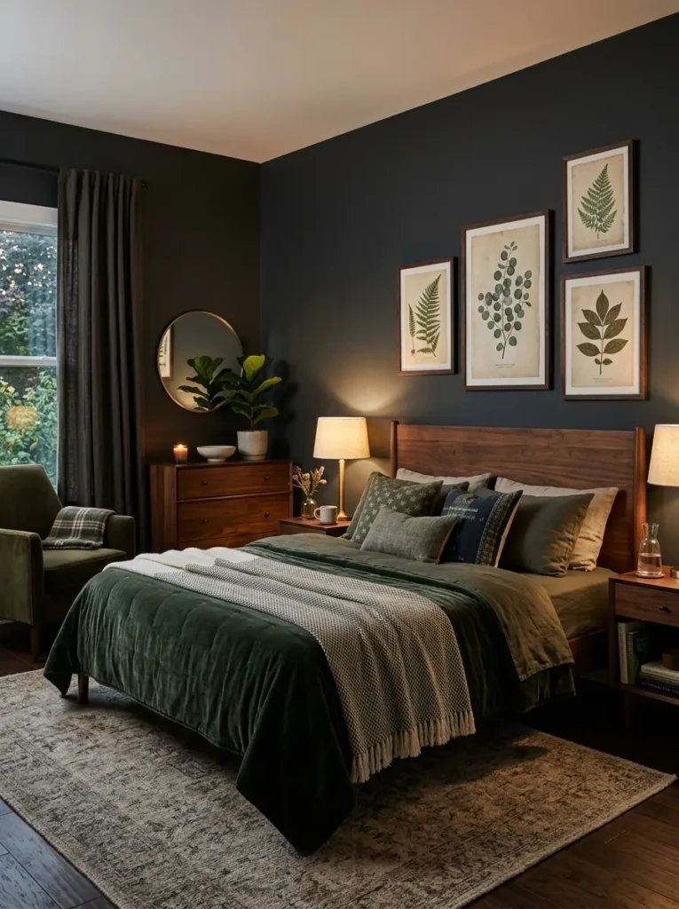 Cozy bedroom decorated with botanical prints and muted color palette.