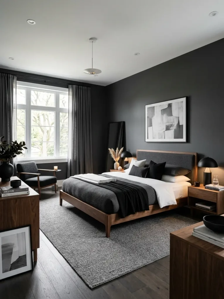 Bedroom featuring charcoal walls, white trim, and warm wood furniture.