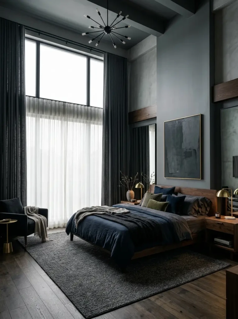 Elegant blackout curtains framing a sophisticated dark bedroom.