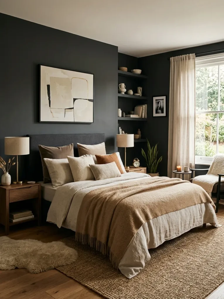 Elegant bedroom blending dark walls with warm neutral textiles.