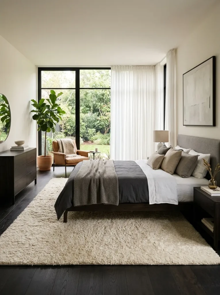 Cozy bedroom with wool rug and elegant modern decor.