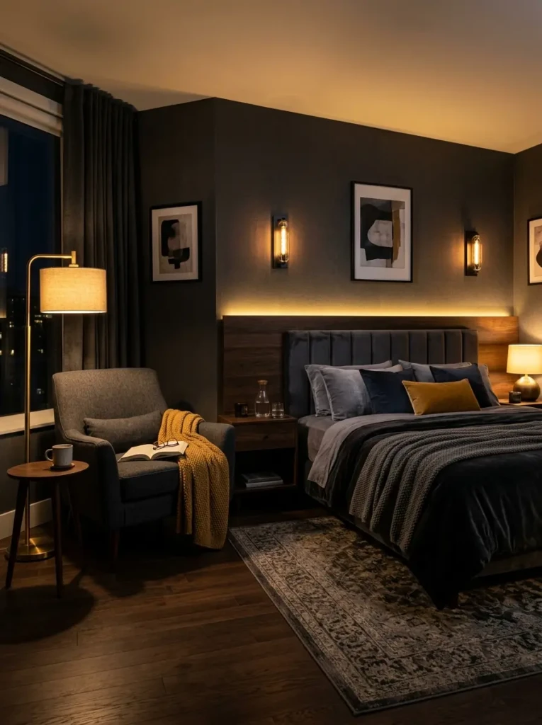 Cozy bedroom with dimmable lighting creating a relaxing atmosphere.