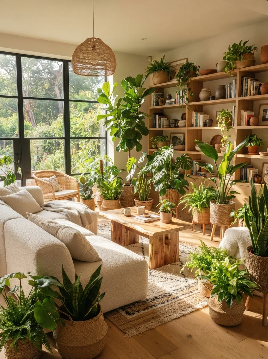 10. Biophilic Organic Modern Living Room Full Of Greenery