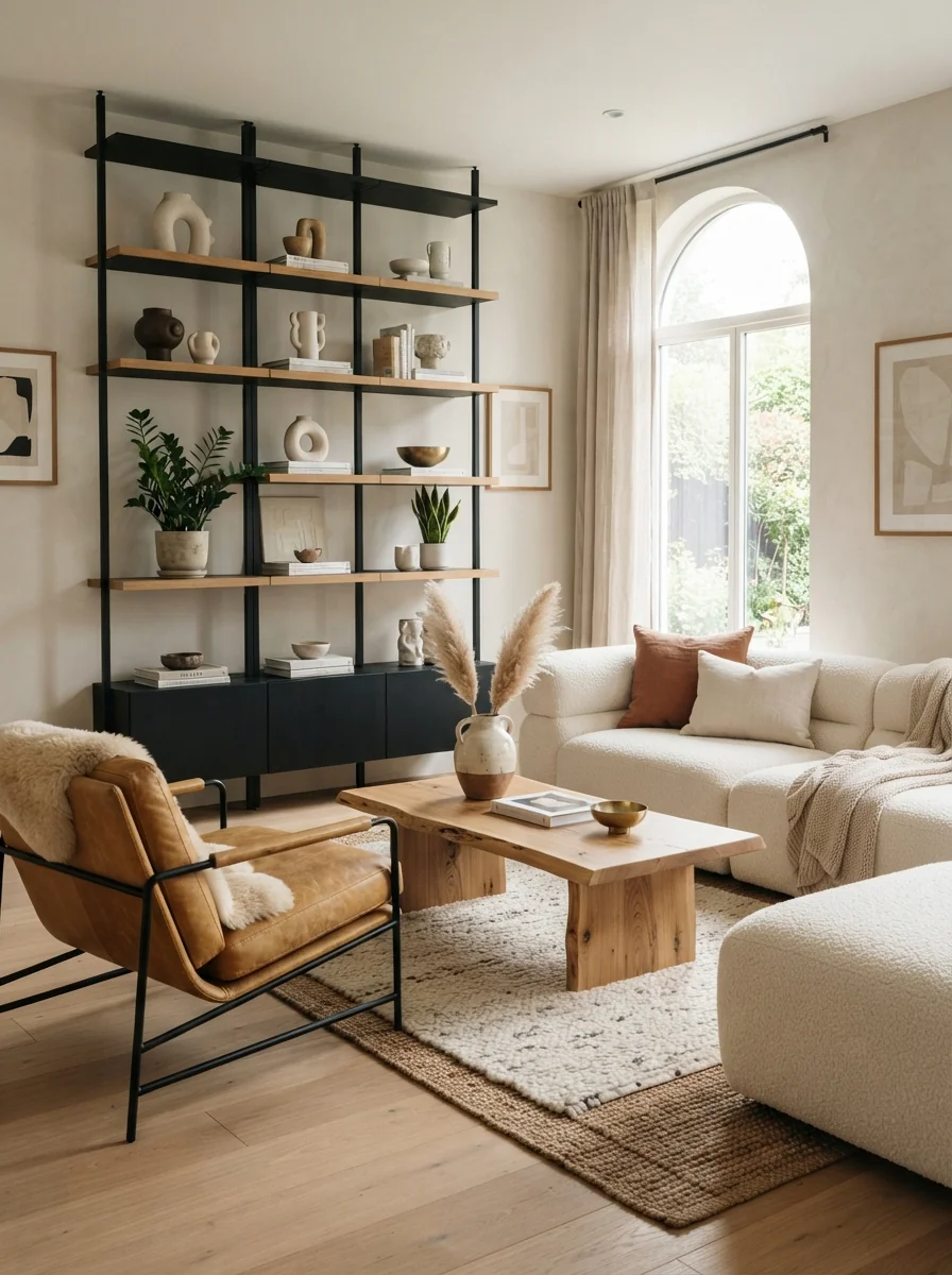 9. Black Accent Organic Modern Living Room