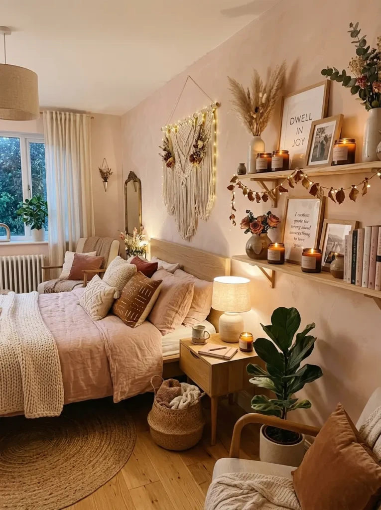 Personalized blush bedroom with handmade decor and elegant finishing touches.