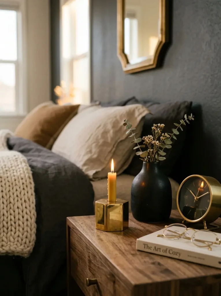 Warm brass accents adding subtle shine to a cozy dark bedroom.