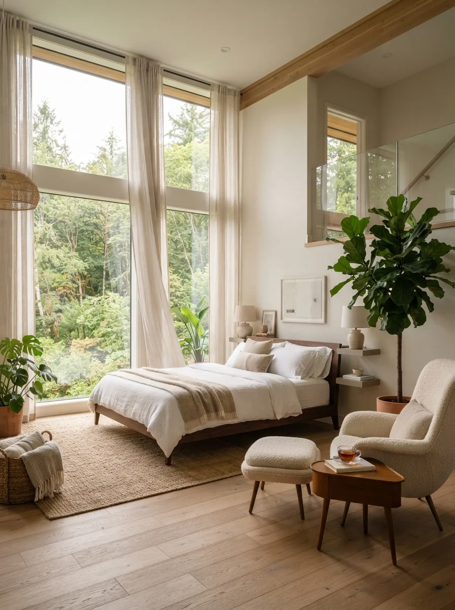 10. Bright Open-Concept Modern Bedroom With Floor-To-Ceiling Windows