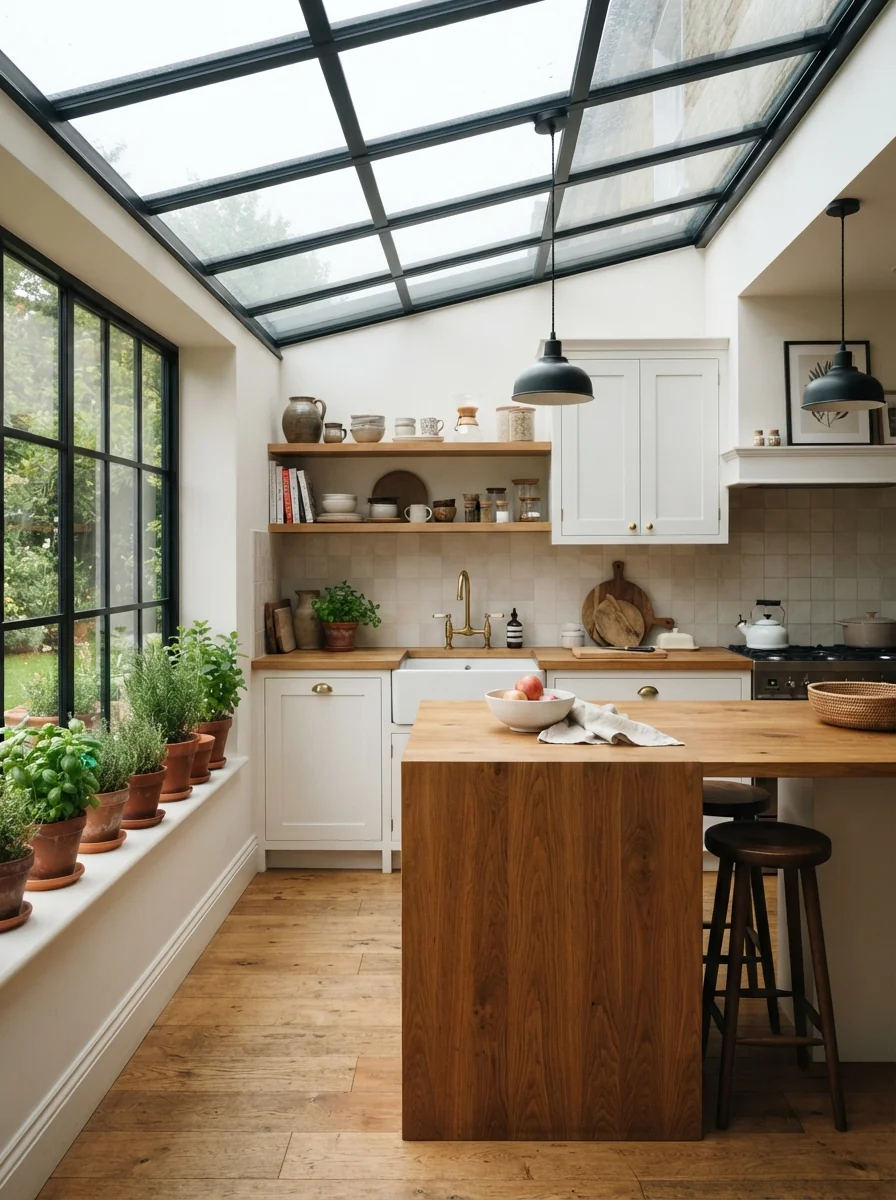 2. Bright Scandinavian Kitchen Under a Grid Glass Roof