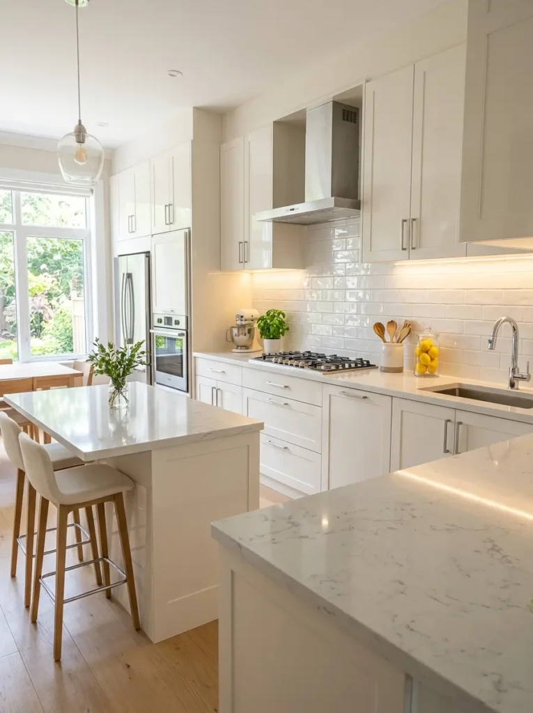 Modern kitchen with reflective backsplash and under-cabinet lighting.