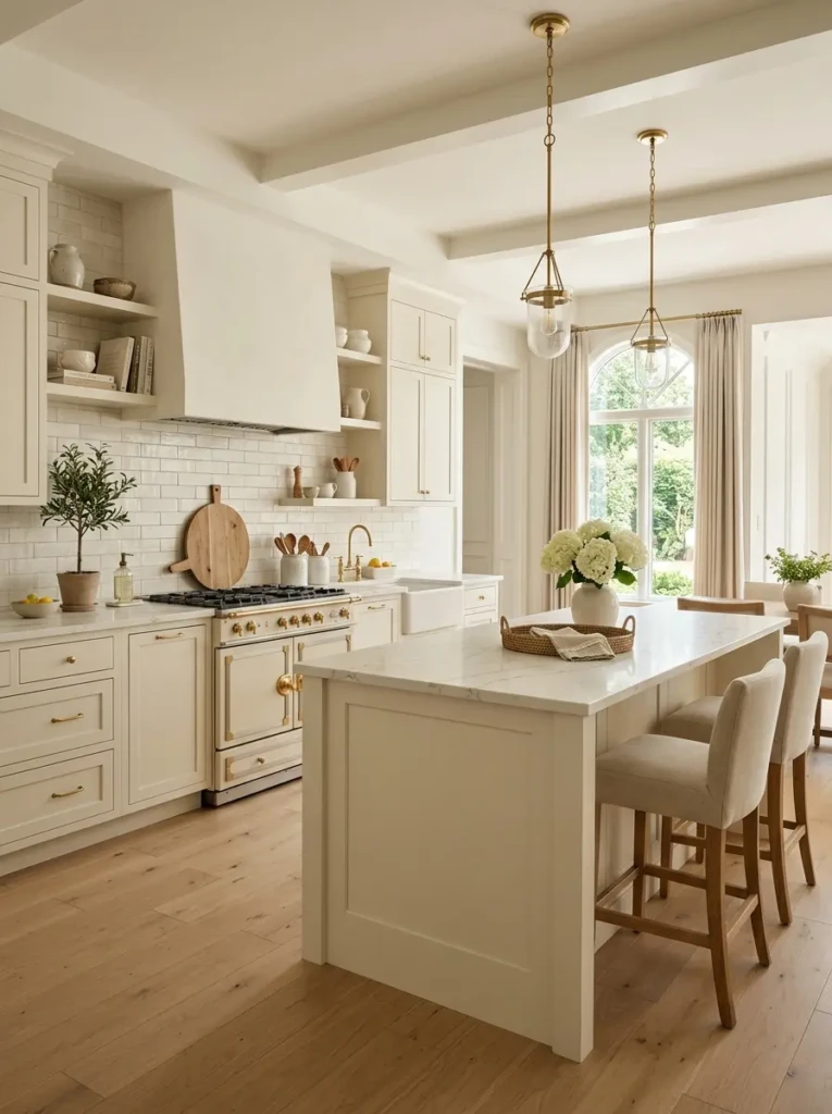 Uncluttered off white kitchen with timeless minimalist styling.