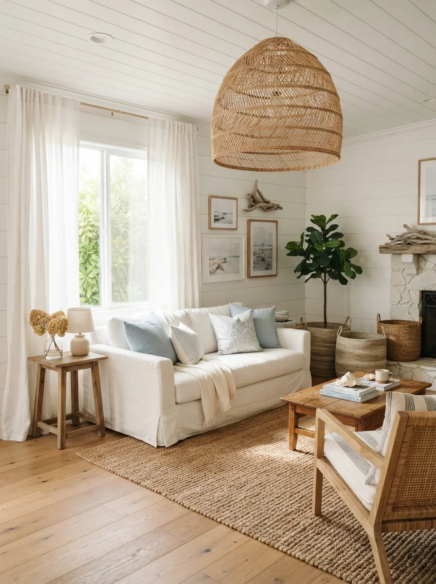 5. Coastal Inspired Living Room With Oversized Woven Decor