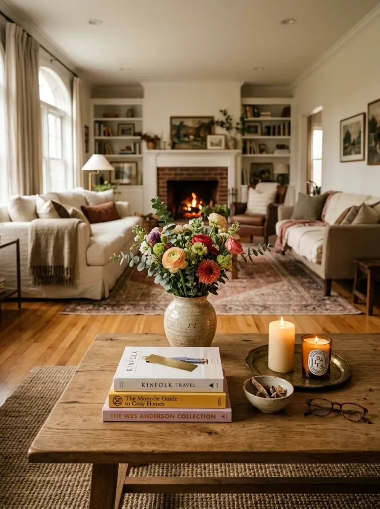 Coffee table decorated with books, candles, flowers, and ceramic accents.