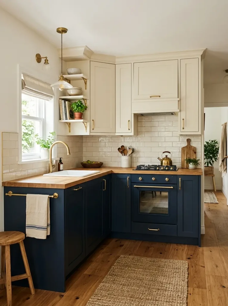Compact kitchen featuring charcoal lower cabinets and bright upper cabinetry.