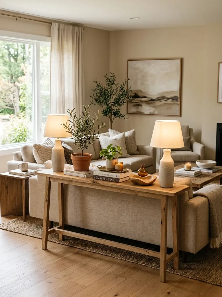 Slim console table behind a floating sofa in a cozy long living room.