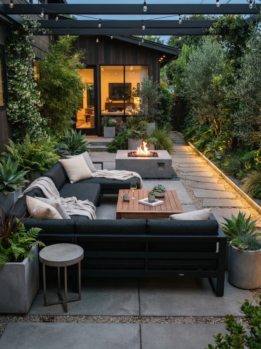 4. Contemporary Black and Wood Entertainment Patio