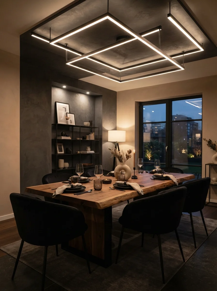 3. Contemporary Dining Room With Geometric Ceiling Patterns