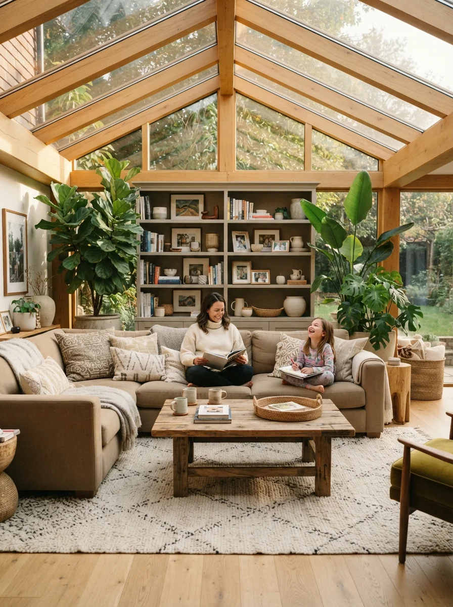 10. Contemporary Family Room With a Glass Ceiling and Wood Beams