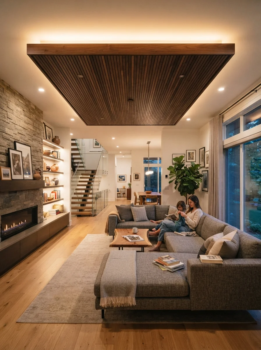 11. Contemporary Floating Wood Ceiling Family Room