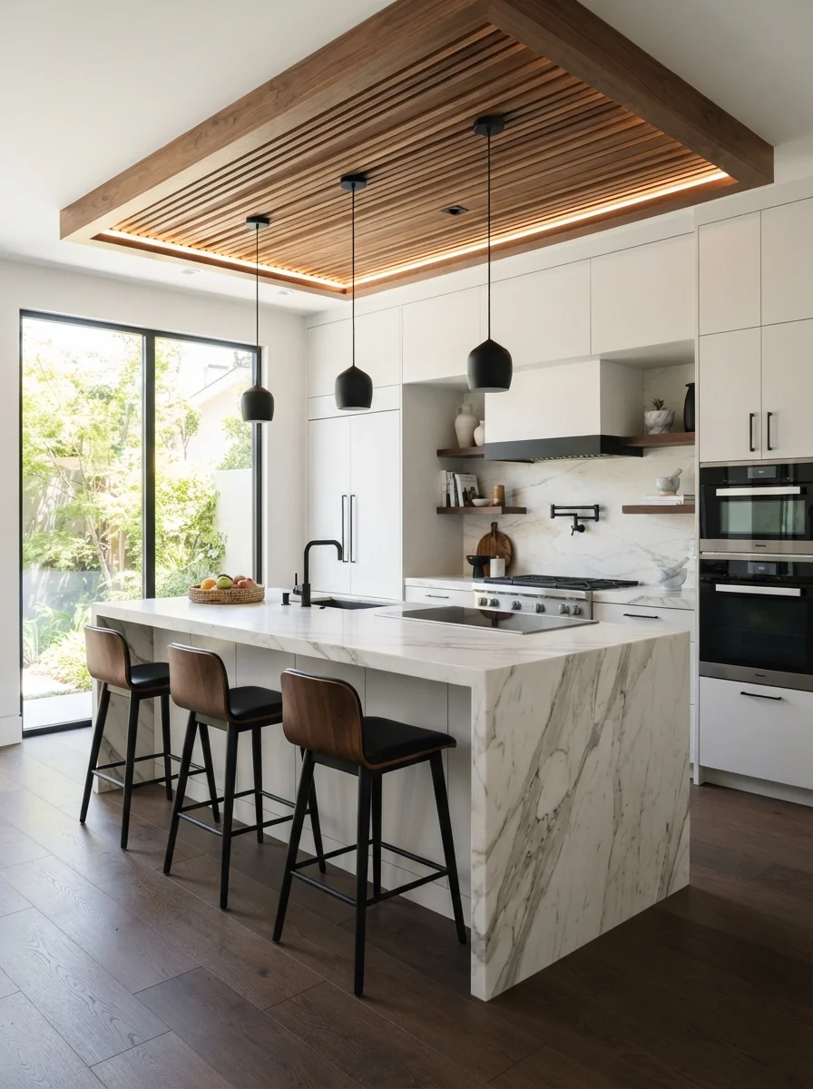 12. Contemporary Kitchen With Wood Ceiling Feature