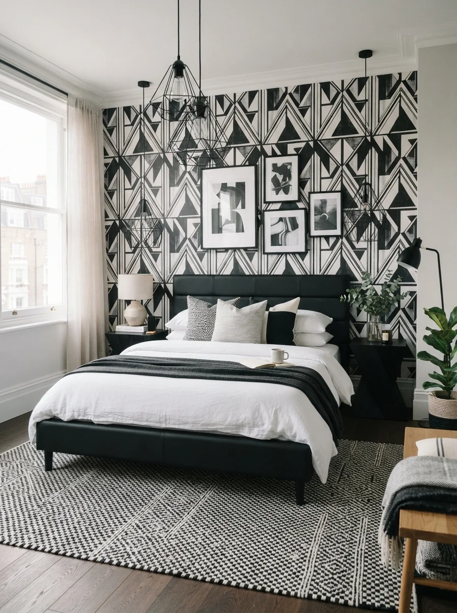 6. Contemporary Monochrome Bedroom With Geometric Accents