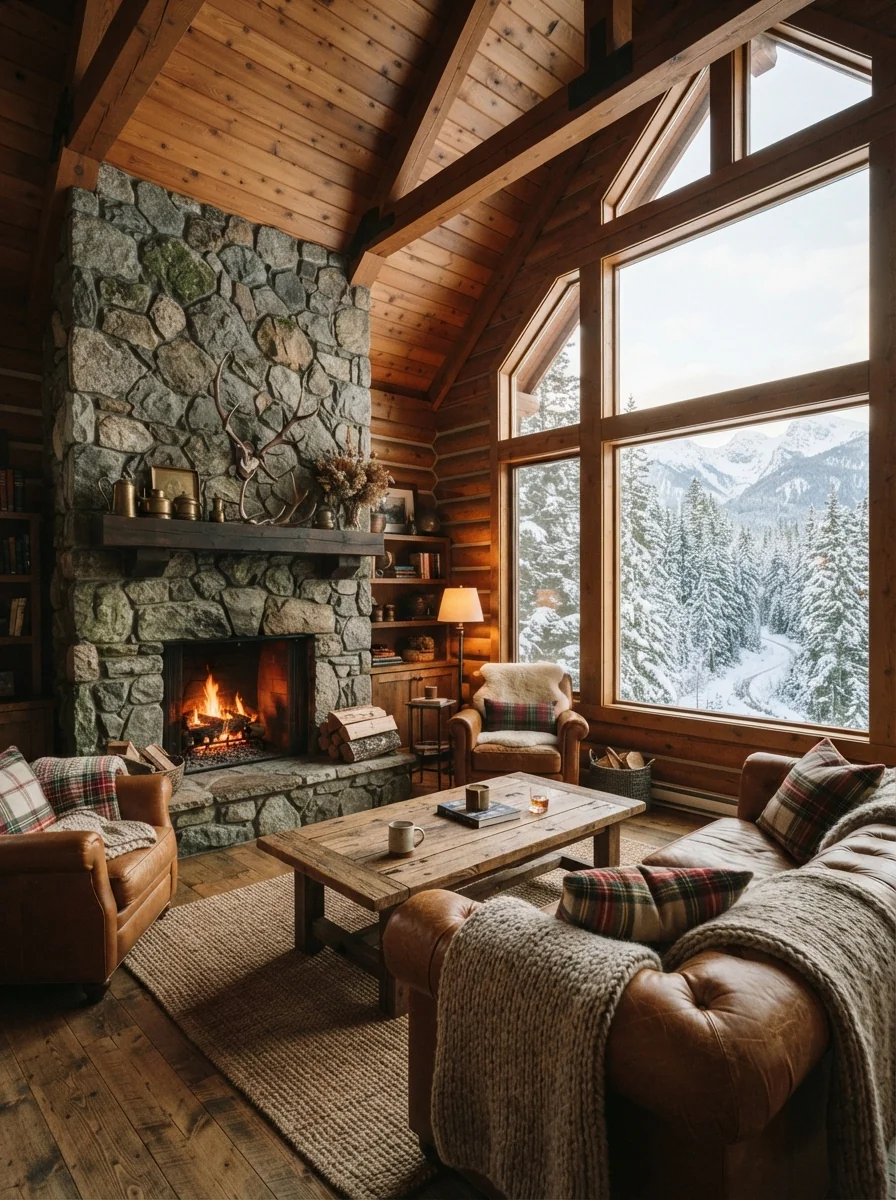 4. Cozy Cabin Living Room With Rich Cedar Planks