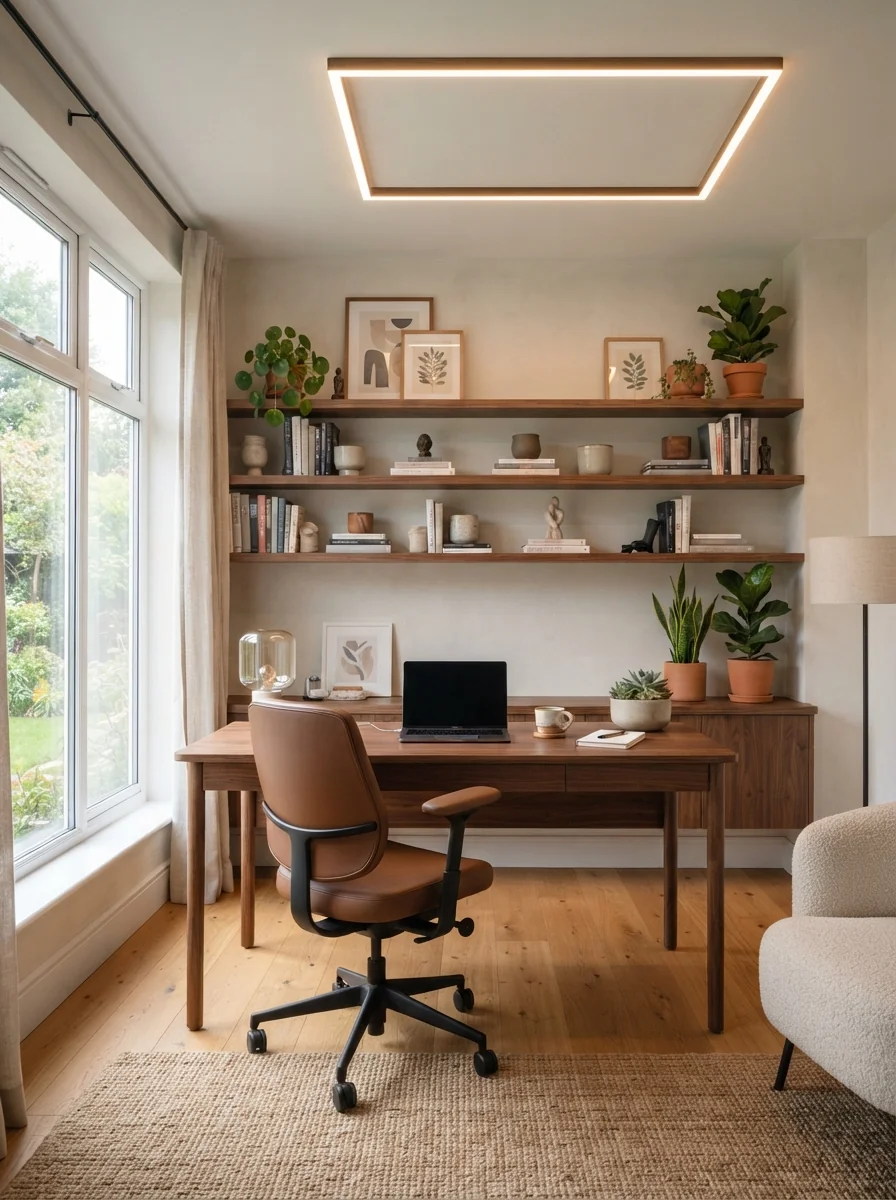 6. Cozy Home Office With Framed Profile Light Ceiling
