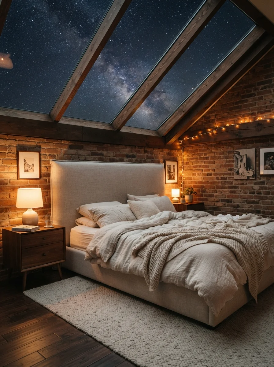 6. Cozy Loft Bedroom Beneath an Angled Glass Ceiling