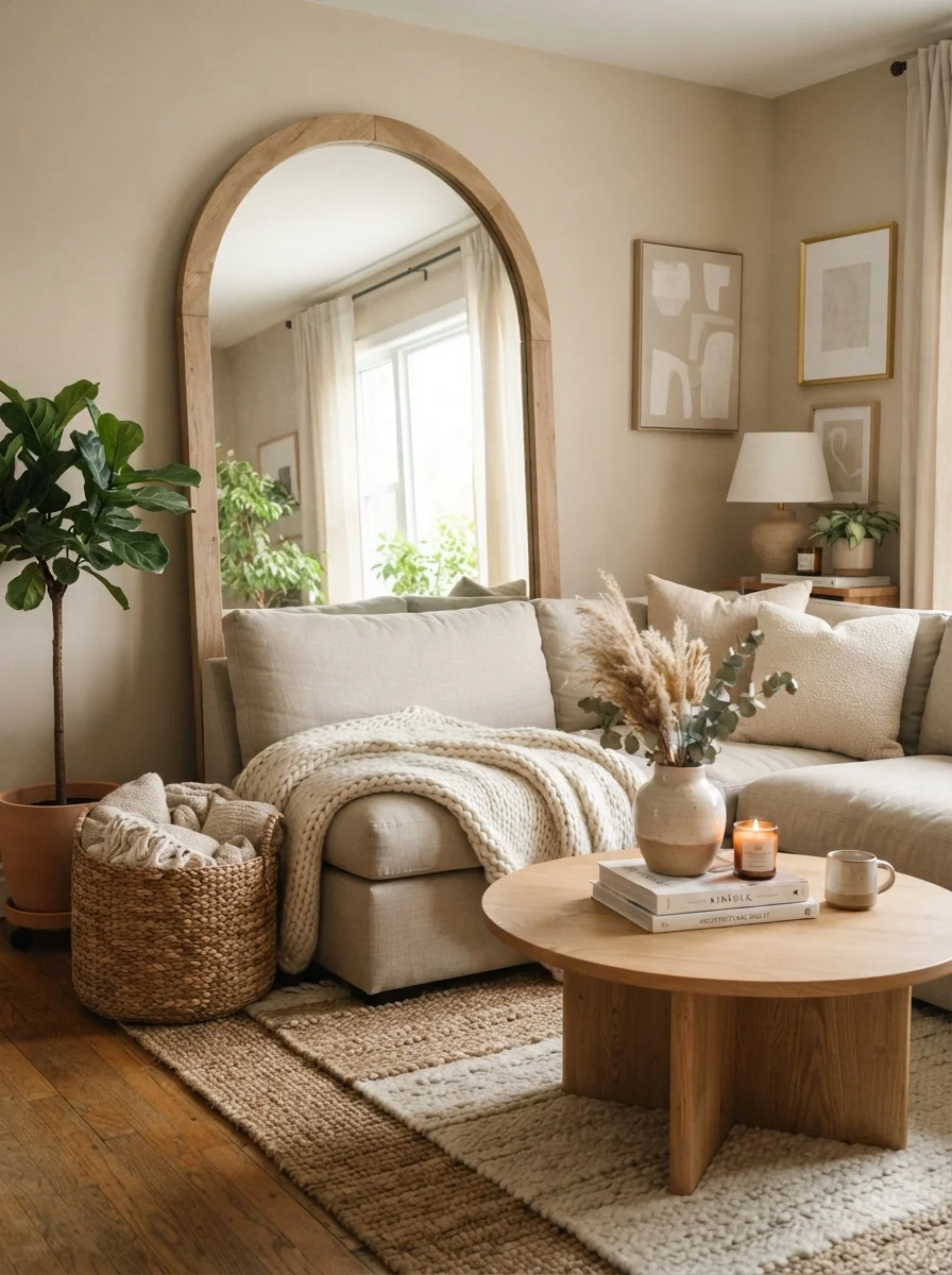 1. Cozy Neutral Retreat With A Statement Floor Mirror